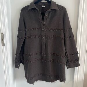 ROOEY KNOTS Brown Fringe Boho Long Sleeve Shirt Dress One Size